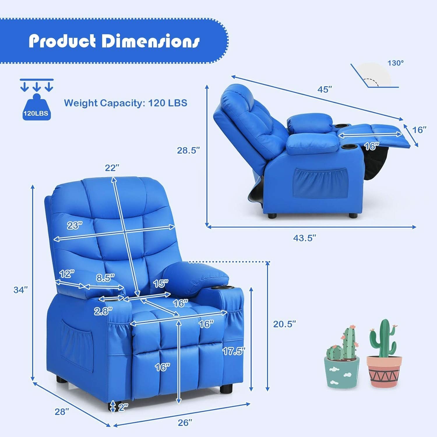 Blue Kids Recliner Chair With Cup Holder And Footrest