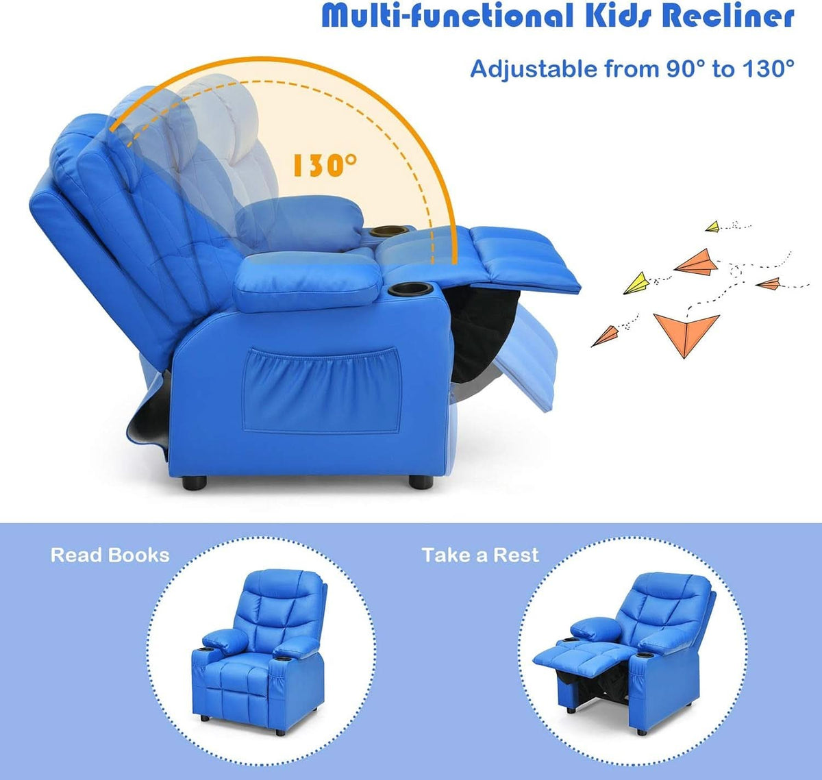Blue Kids Recliner Chair With Cup Holder And Footrest