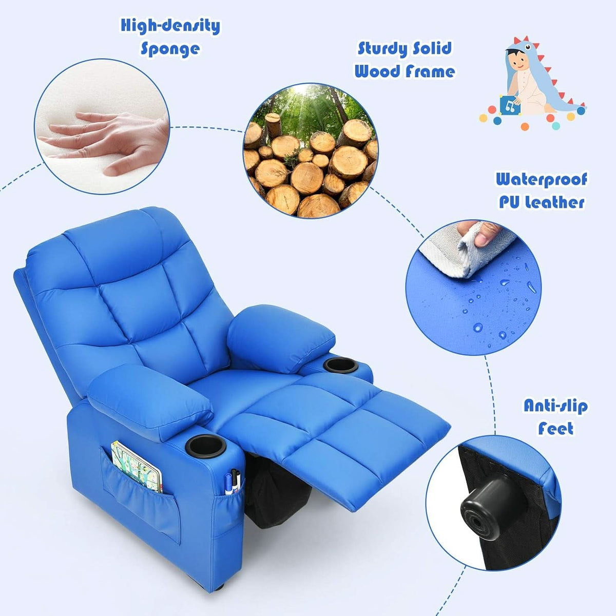 Blue Kids Recliner Chair With Cup Holder And Footrest