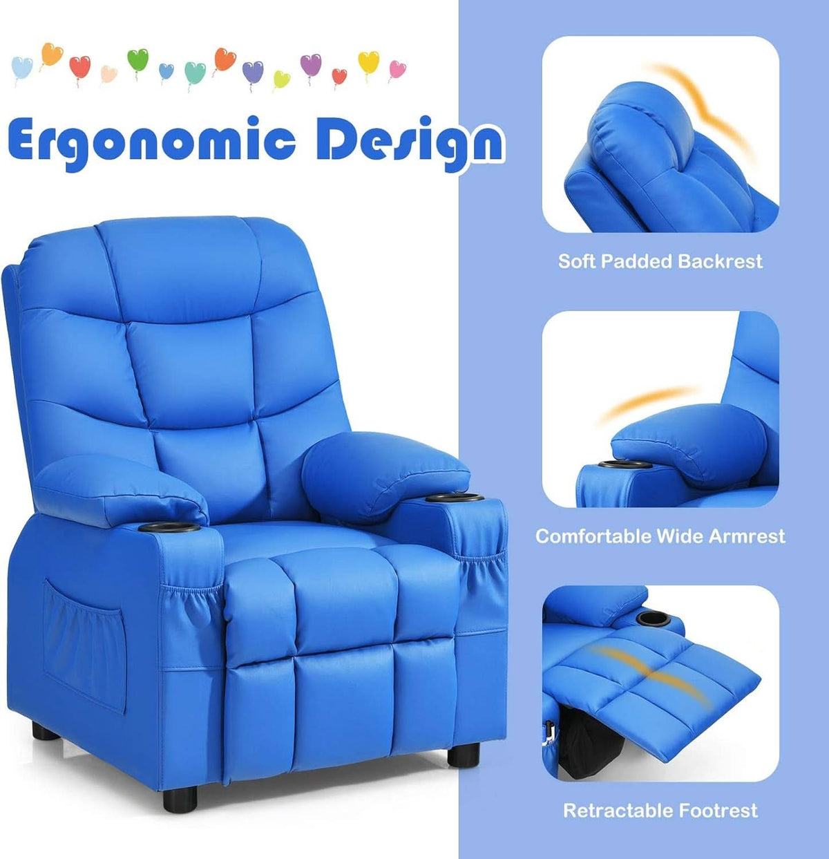 Blue Kids Recliner Chair With Cup Holder And Footrest
