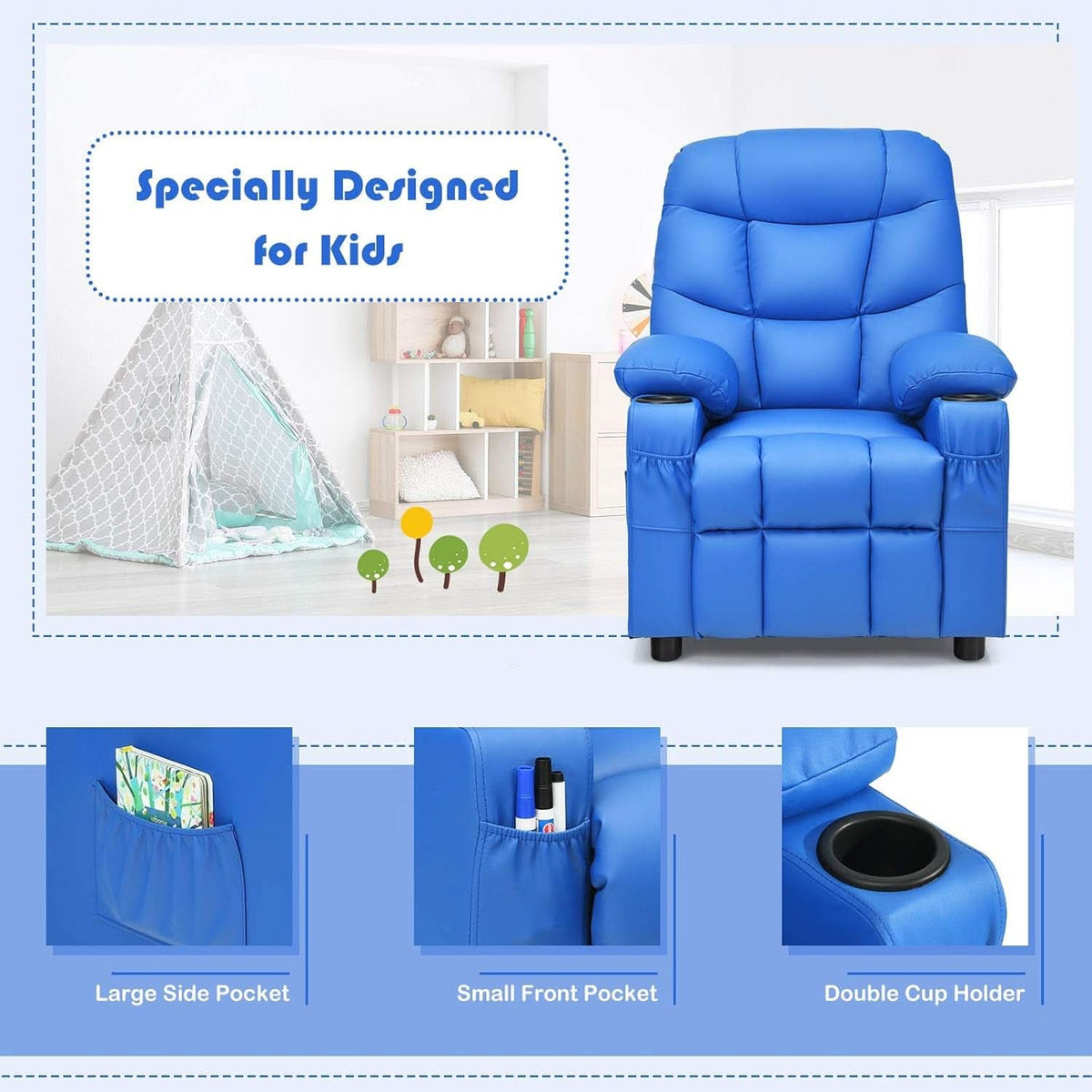 Blue Kids Recliner Chair With Cup Holder And Footrest