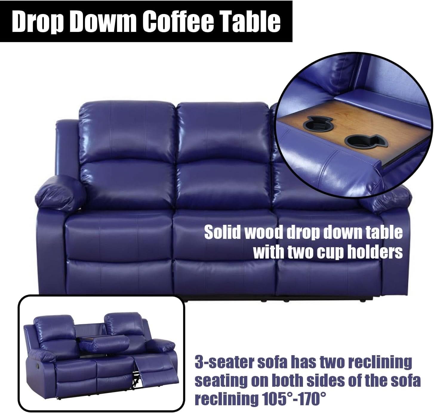 Blue Leather Reclining Sofa Set With Drop Table And Storage