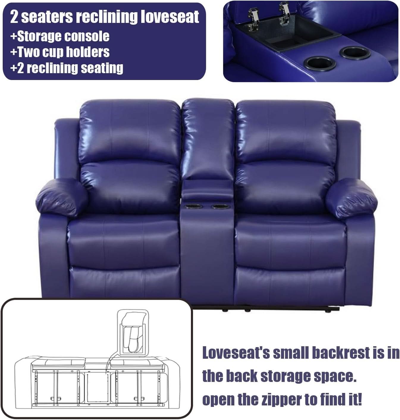 Blue Leather Reclining Sofa Set With Drop Table And Storage
