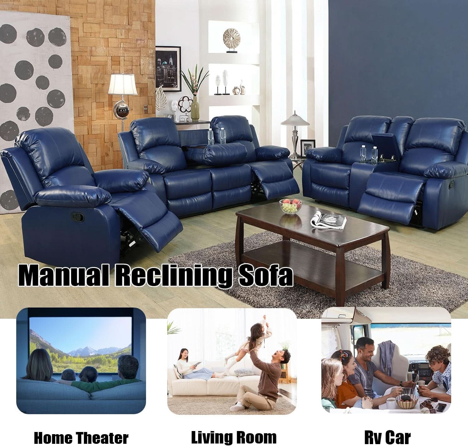 Blue Leather Reclining Sofa Set With Drop Table And Storage