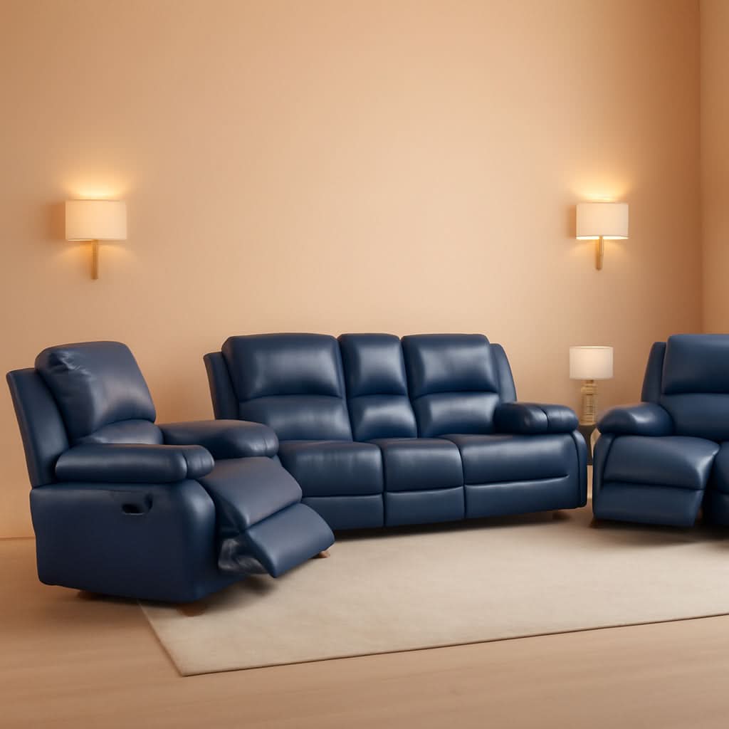 Blue Leather Reclining Sofa Set With Drop Table And Storage