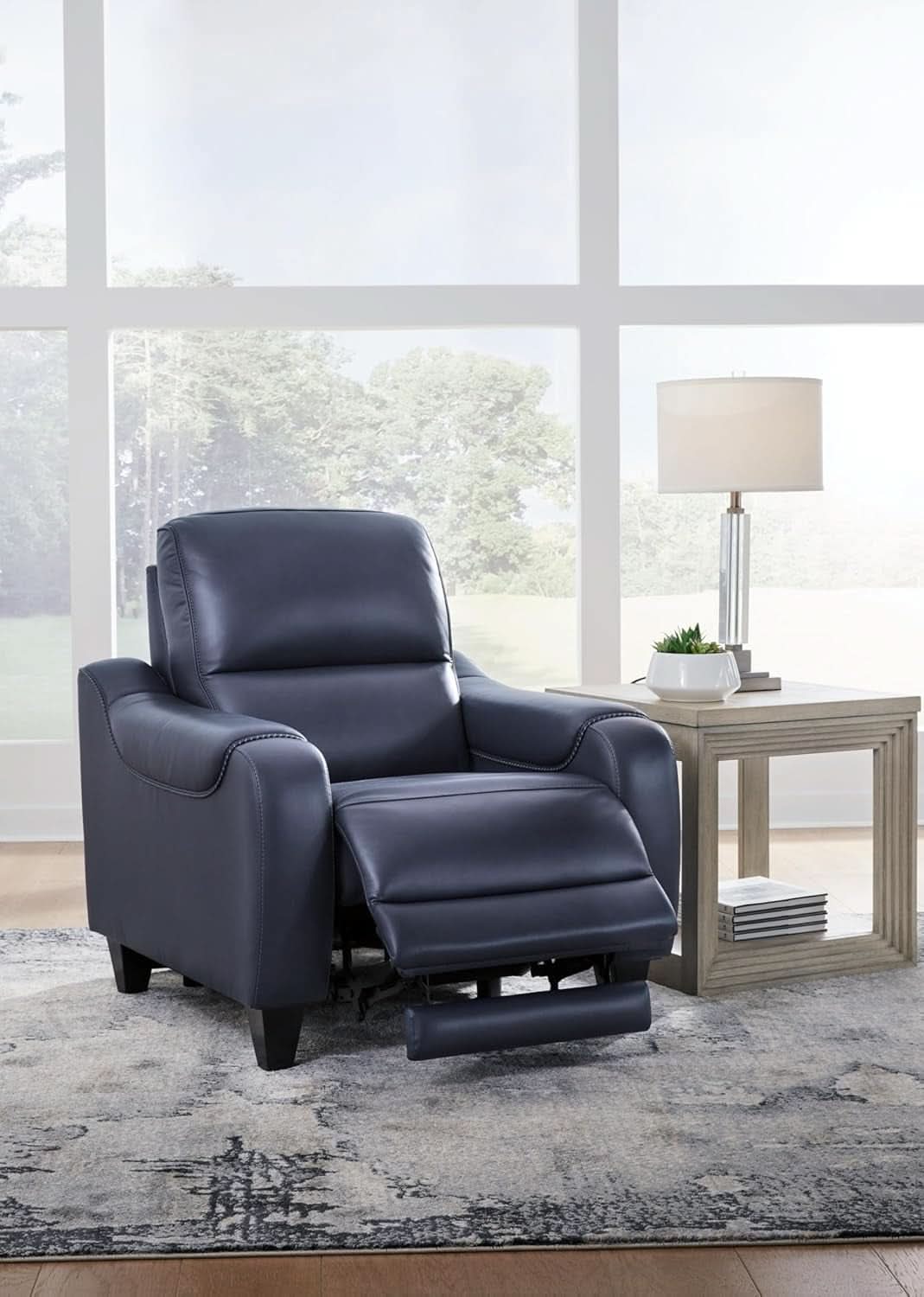 Blue Leather Wall Hugger Power Recliner With Usb Ports