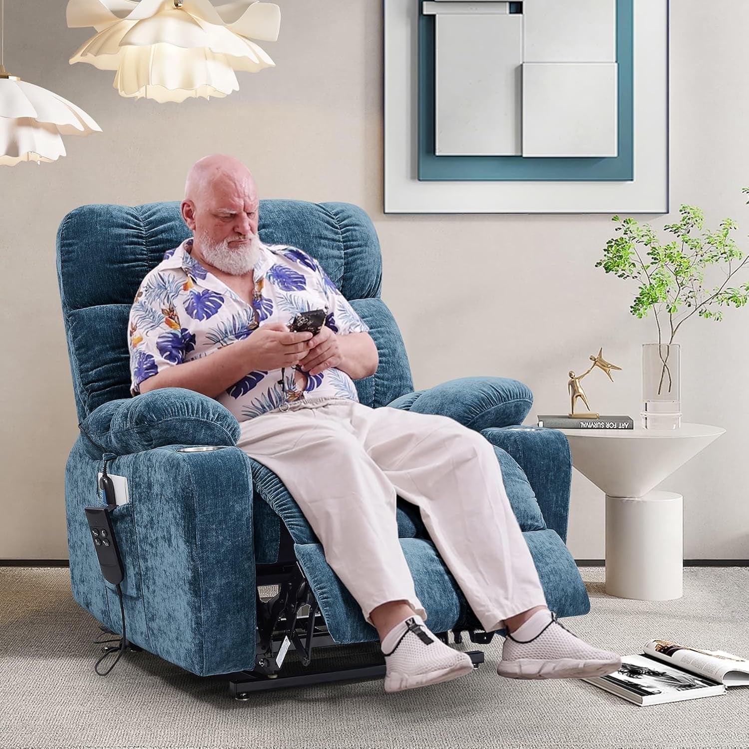 Blue Lift Recliner Chair Heat Massage Living Room Comfort