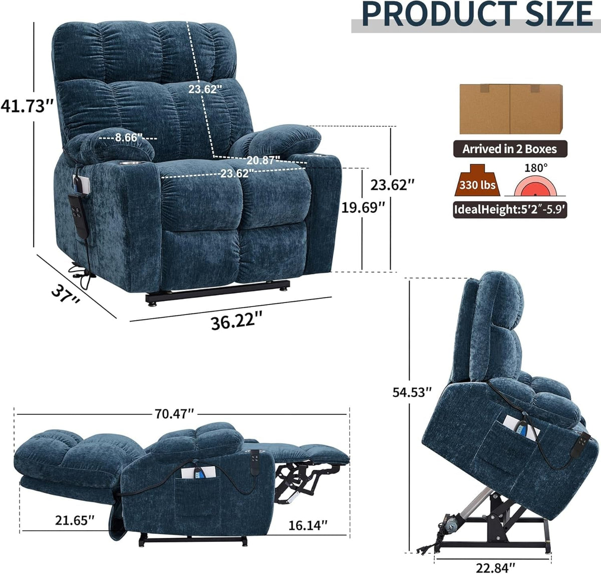 Blue Lift Recliner Chair Heat Massage Living Room Comfort