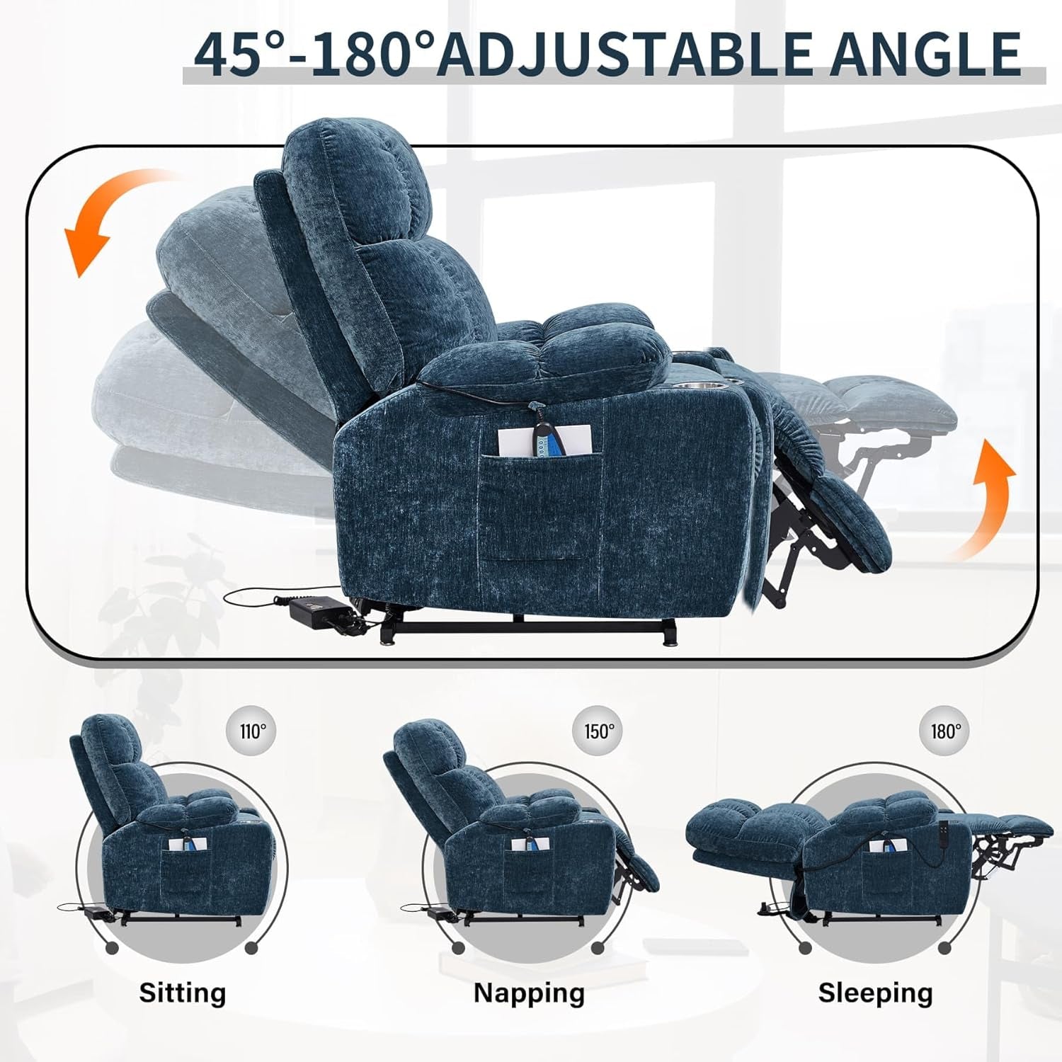 Blue Lift Recliner Chair Heat Massage Living Room Comfort