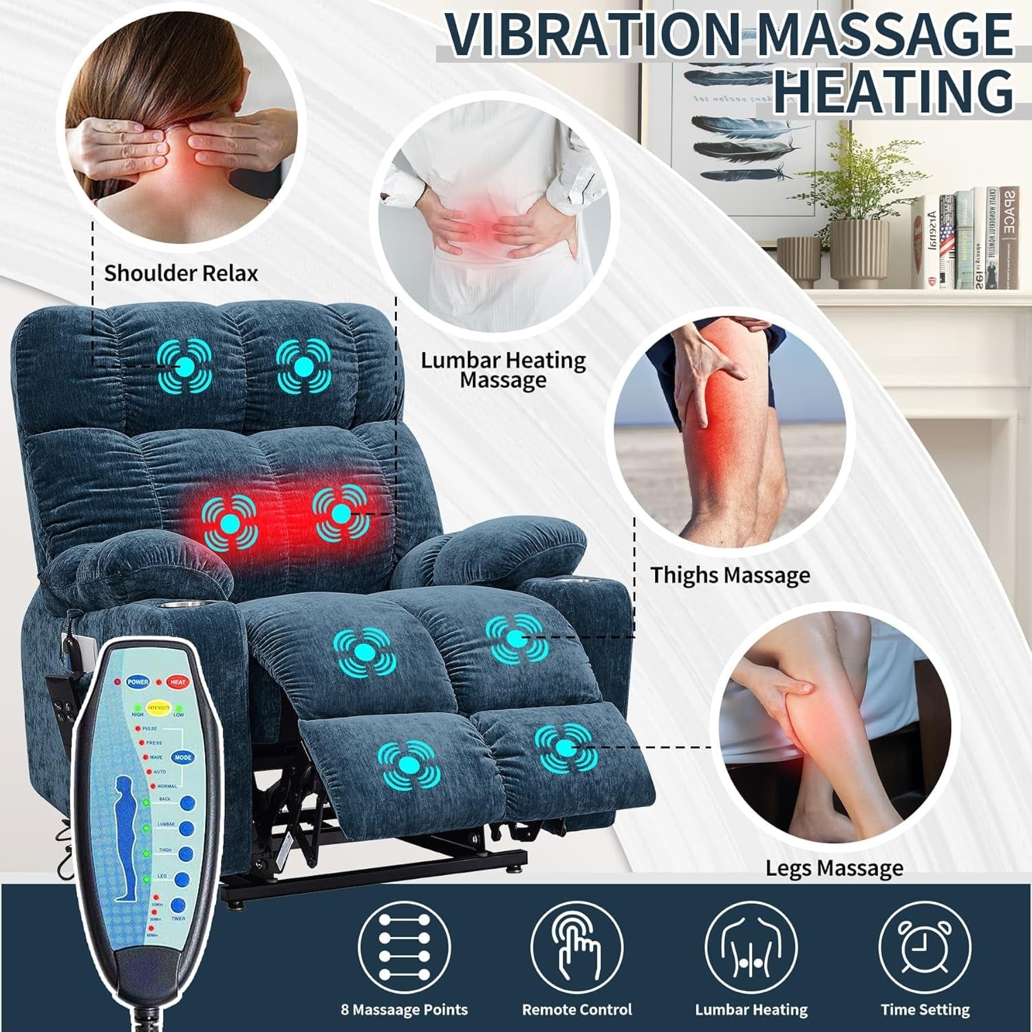 Blue Lift Recliner Chair Heat Massage Living Room Comfort