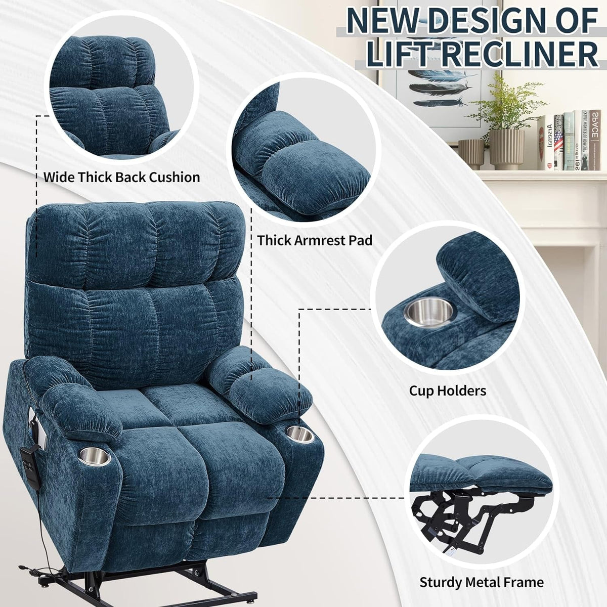 Blue Lift Recliner Chair Heat Massage Living Room Comfort