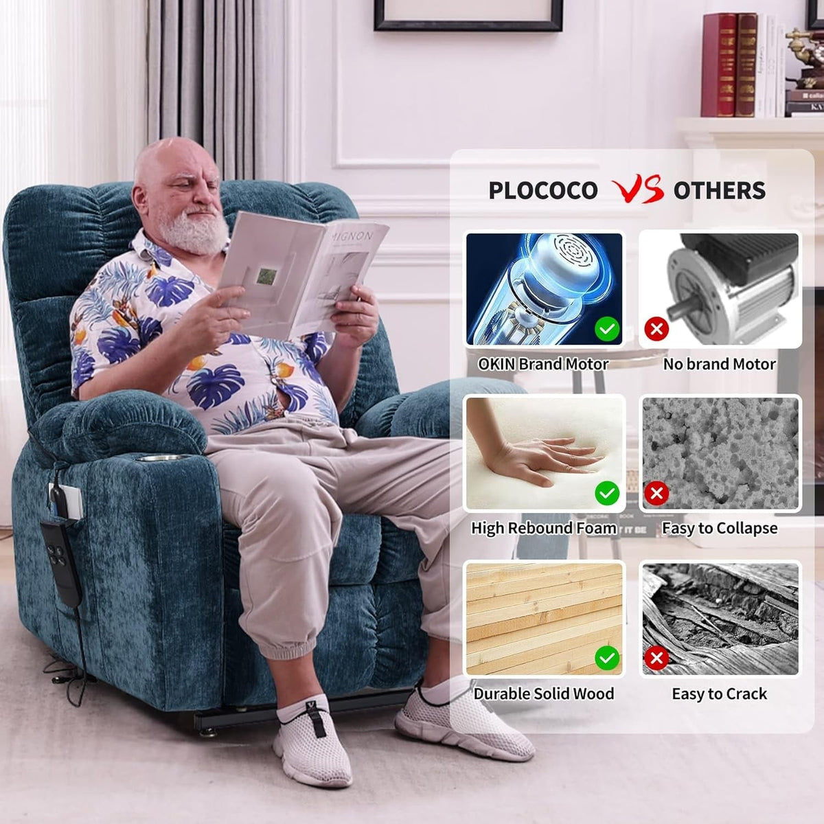 Blue Lift Recliner Chair Heat Massage Living Room Comfort