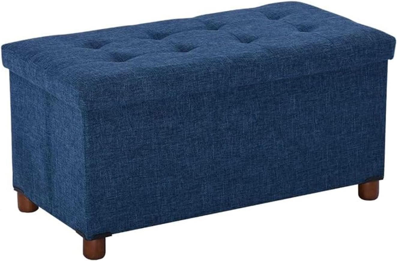 Blue Linen 30-Inch Storage Ottoman Bench Removable Lid