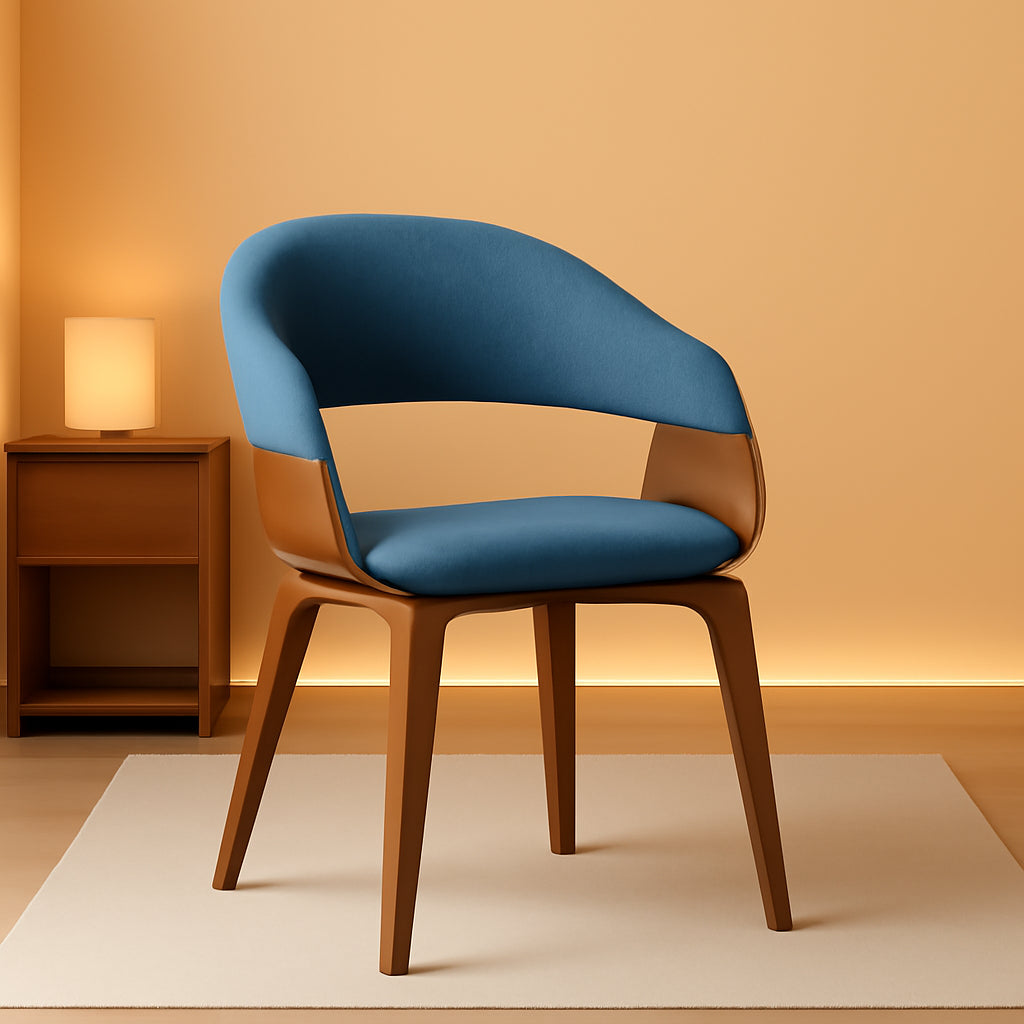 Blue Linen Bentwood Mid Century Modern Dining Chair