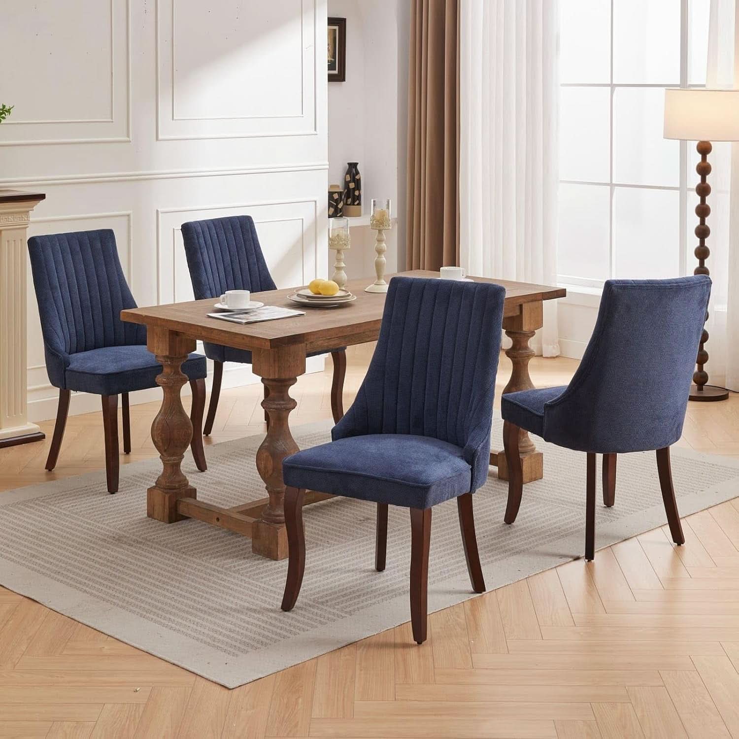 Blue Linen Dining Chairs Set Of 4 With Channel Tufting
