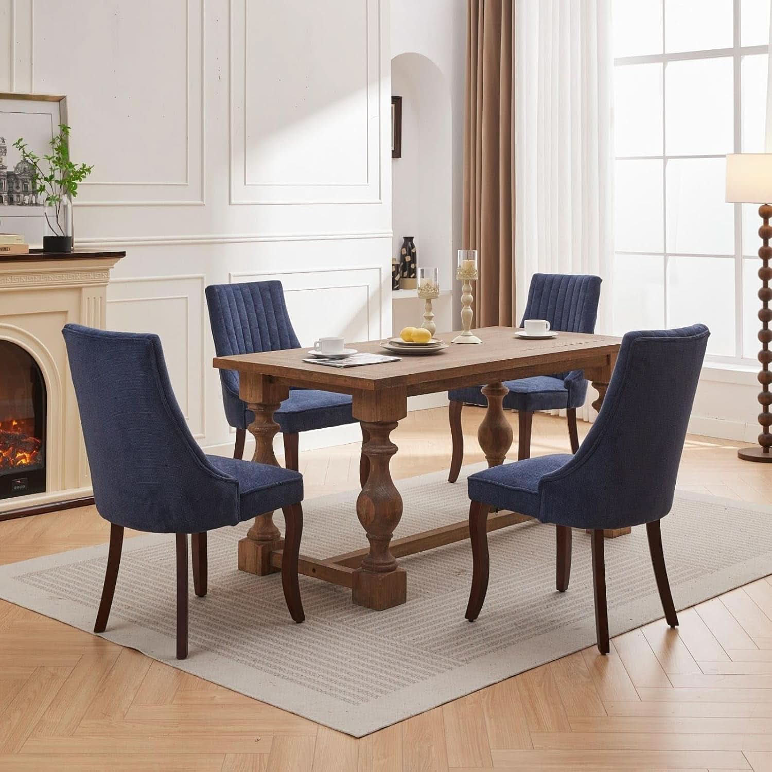 Blue Linen Dining Chairs Set Of 4 With Channel Tufting