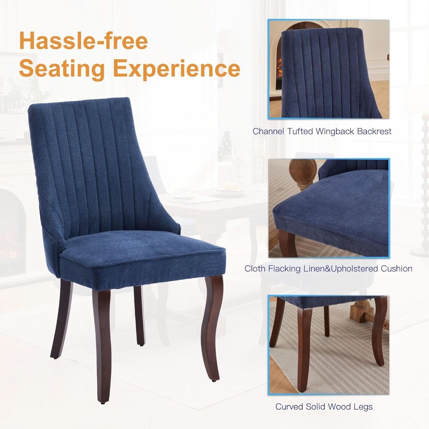 Blue Linen Dining Chairs Set Of 4 With Channel Tufting