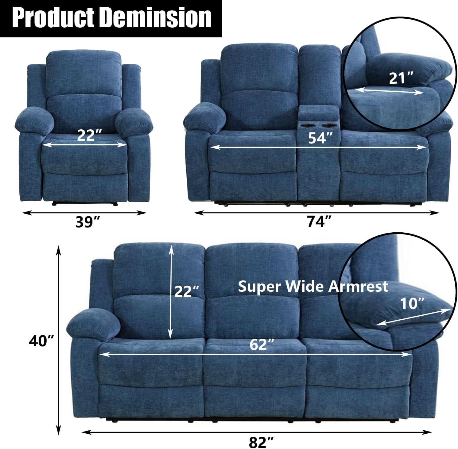 Blue Linen Recliner Sofa Set With Drop Down Table Storage