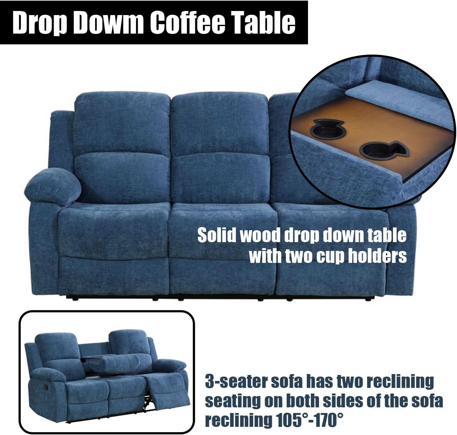 Blue Linen Recliner Sofa Set With Drop Down Table Storage