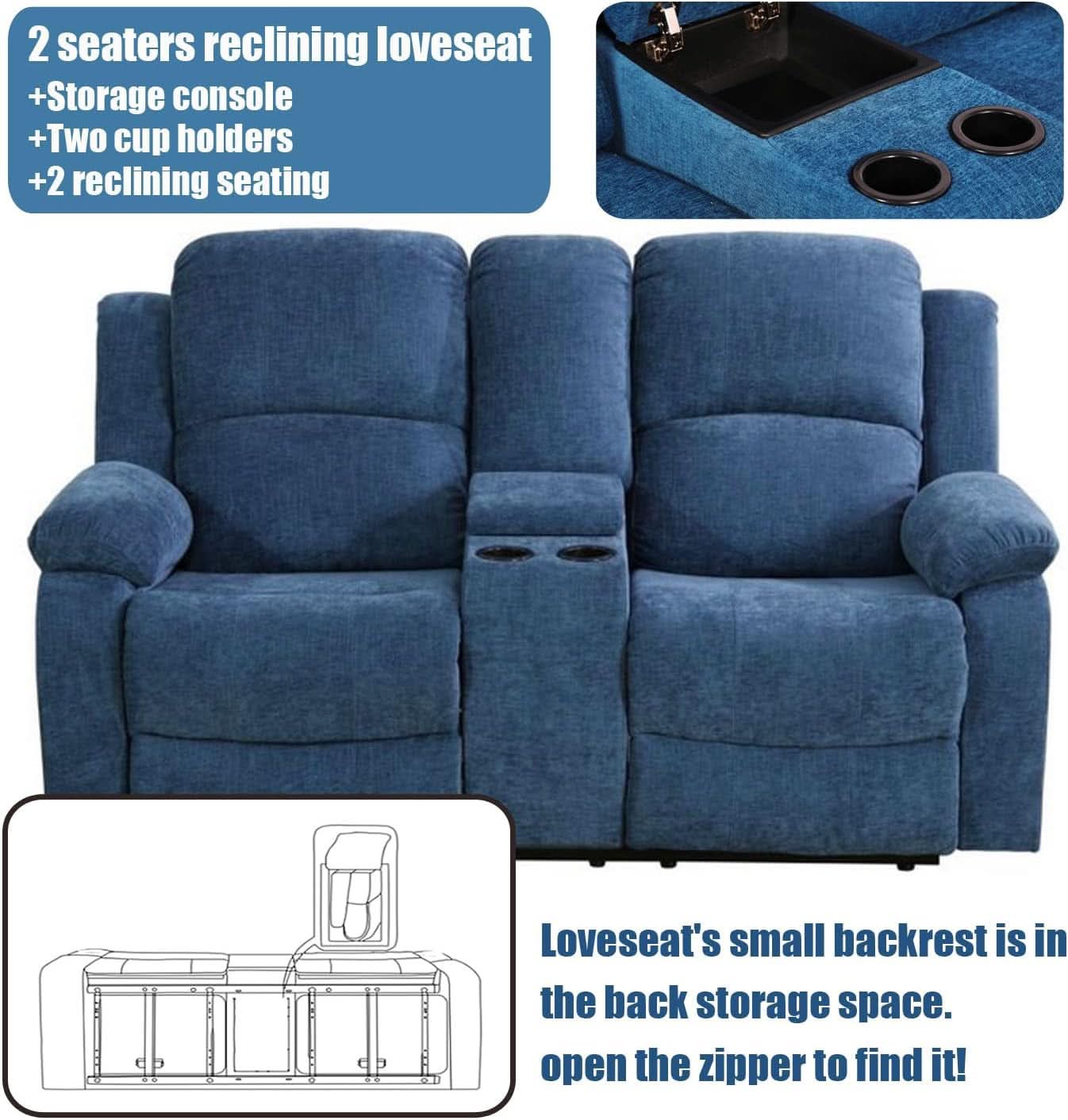Blue Linen Recliner Sofa Set With Drop Down Table Storage