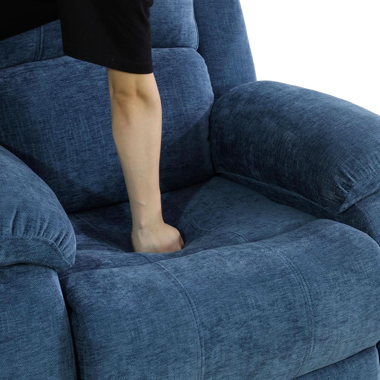 Blue Linen Recliner Sofa Set With Drop Down Table Storage