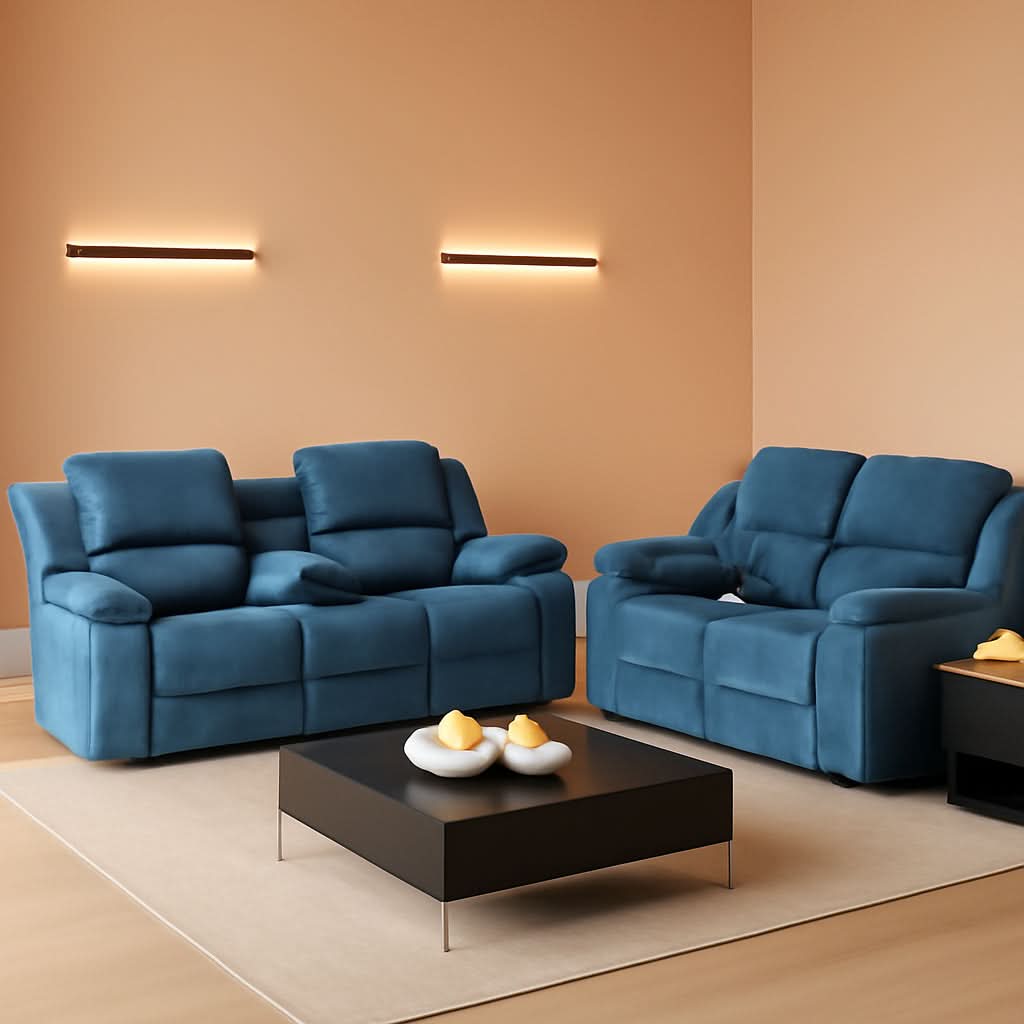 Blue Linen Recliner Sofa Set With Drop Down Table Storage
