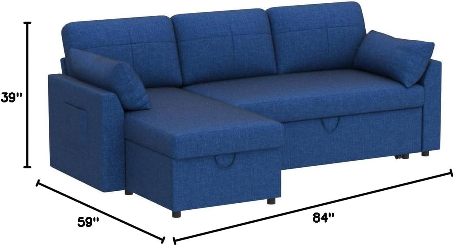 Blue Linen Sleeper Sofa With Storage Chaise For Home Office