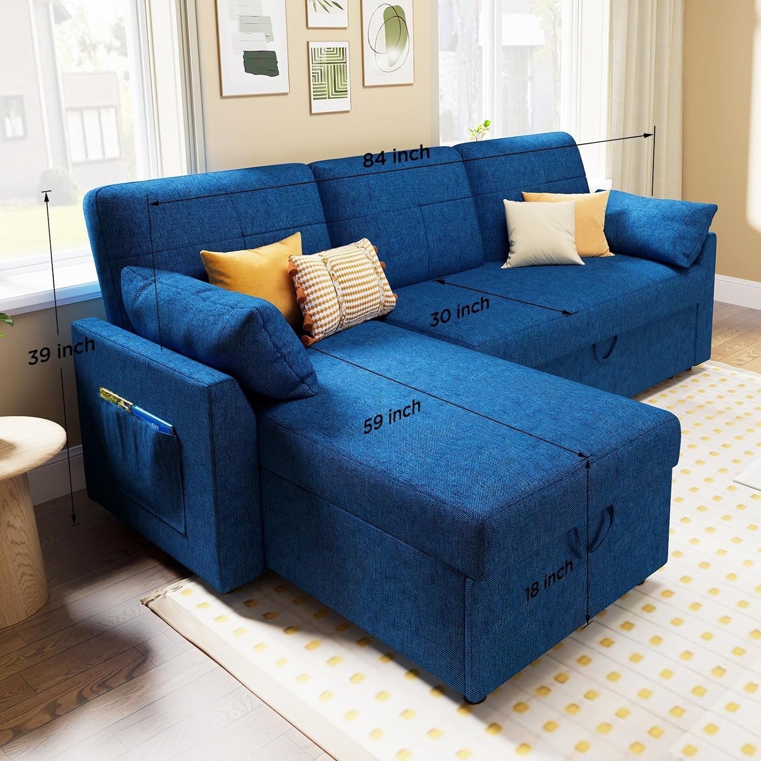 Blue Linen Sleeper Sofa With Storage Chaise For Home Office