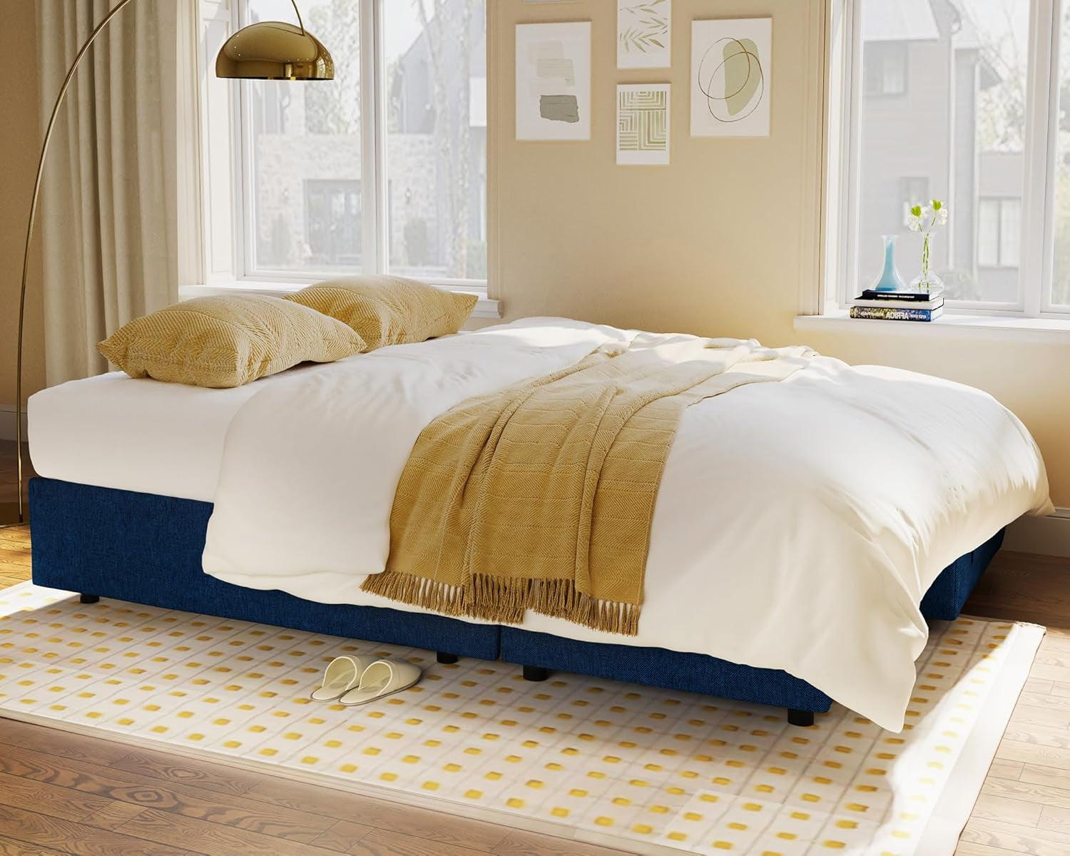 Blue Linen Sleeper Sofa With Storage Chaise For Home Office