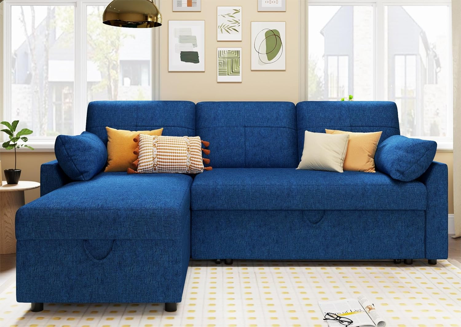 Blue Linen Sleeper Sofa With Storage Chaise For Home Office