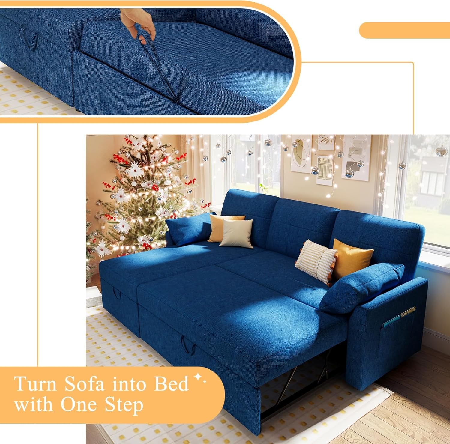 Blue Linen Sleeper Sofa With Storage Chaise For Home Office