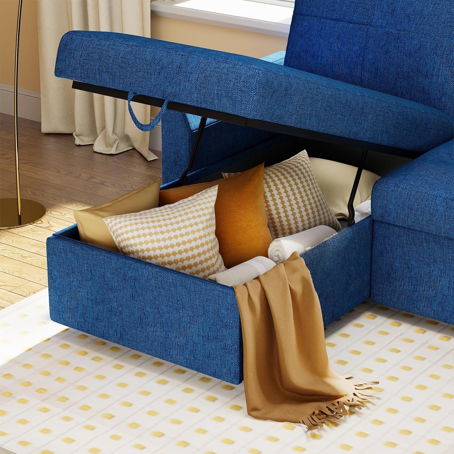 Blue Linen Sleeper Sofa With Storage Chaise For Home Office
