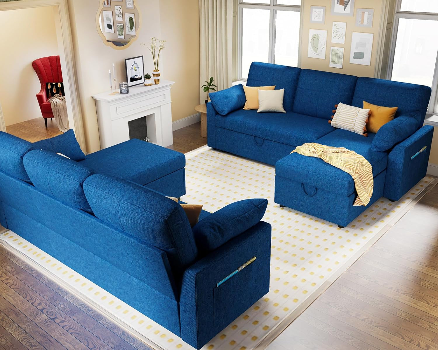 Blue Linen Sleeper Sofa With Storage Chaise For Home Office
