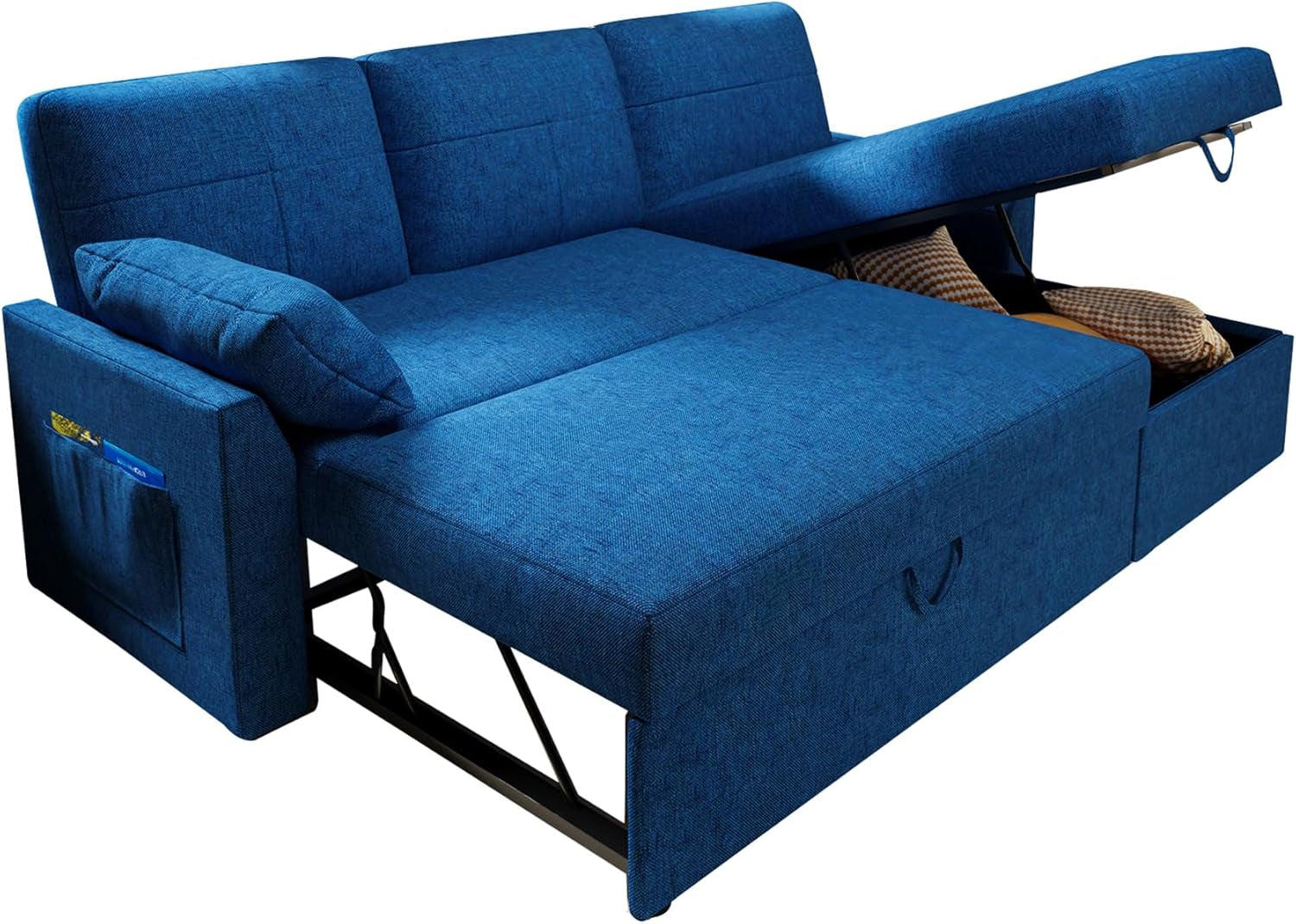 Blue Linen Sleeper Sofa With Storage Chaise For Home Office