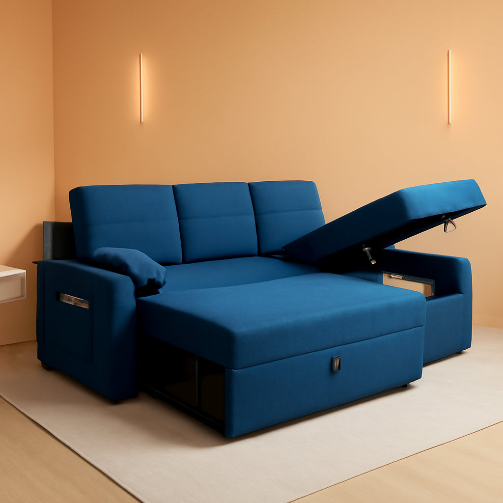 Blue Linen Sleeper Sofa With Storage Chaise For Home Office