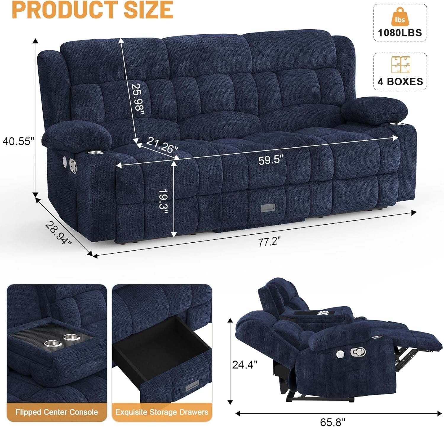 Blue Loveseat Recliner Sofa With Flip Backrest Manual