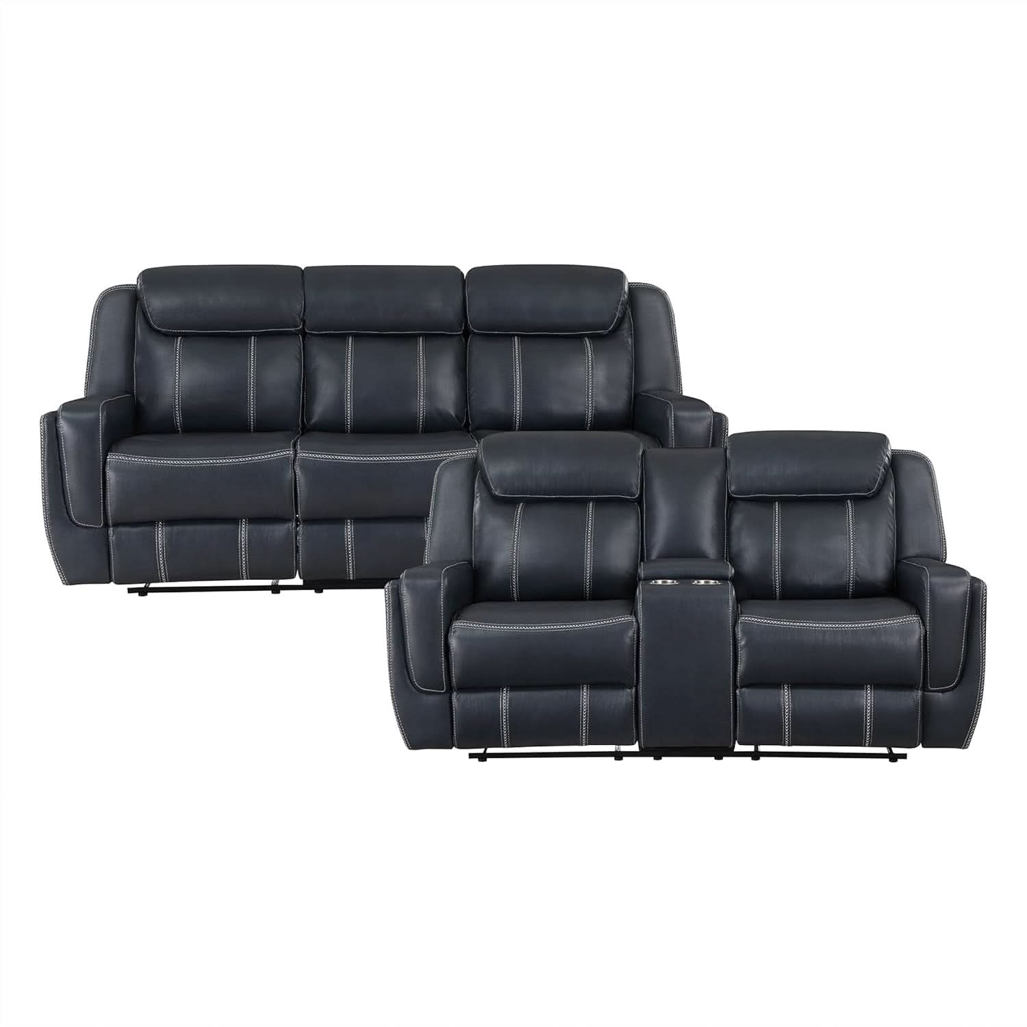 Blue Manual Faux Leather Recliner Living Room Set 2 Piece