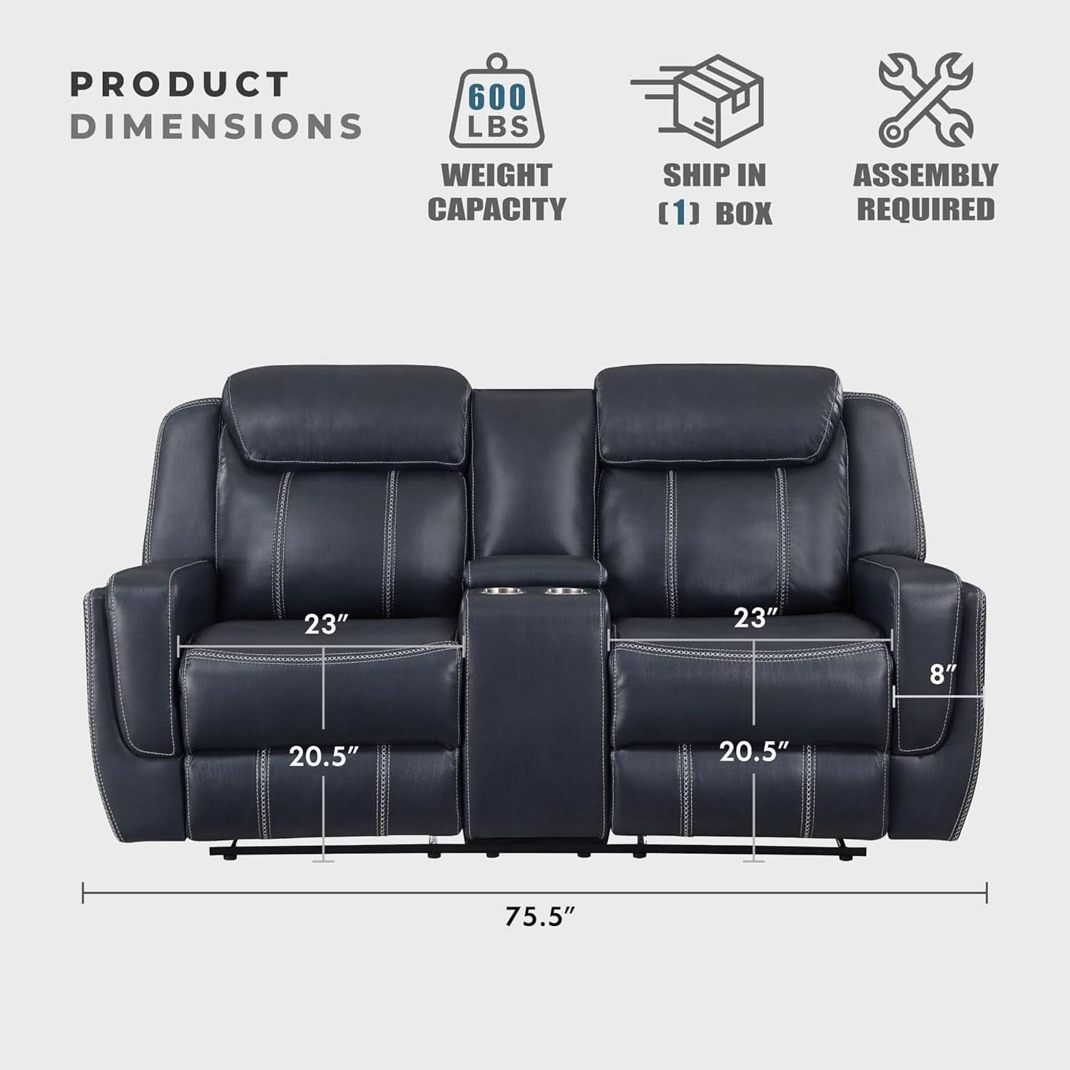 Blue Manual Faux Leather Recliner Living Room Set 2 Piece