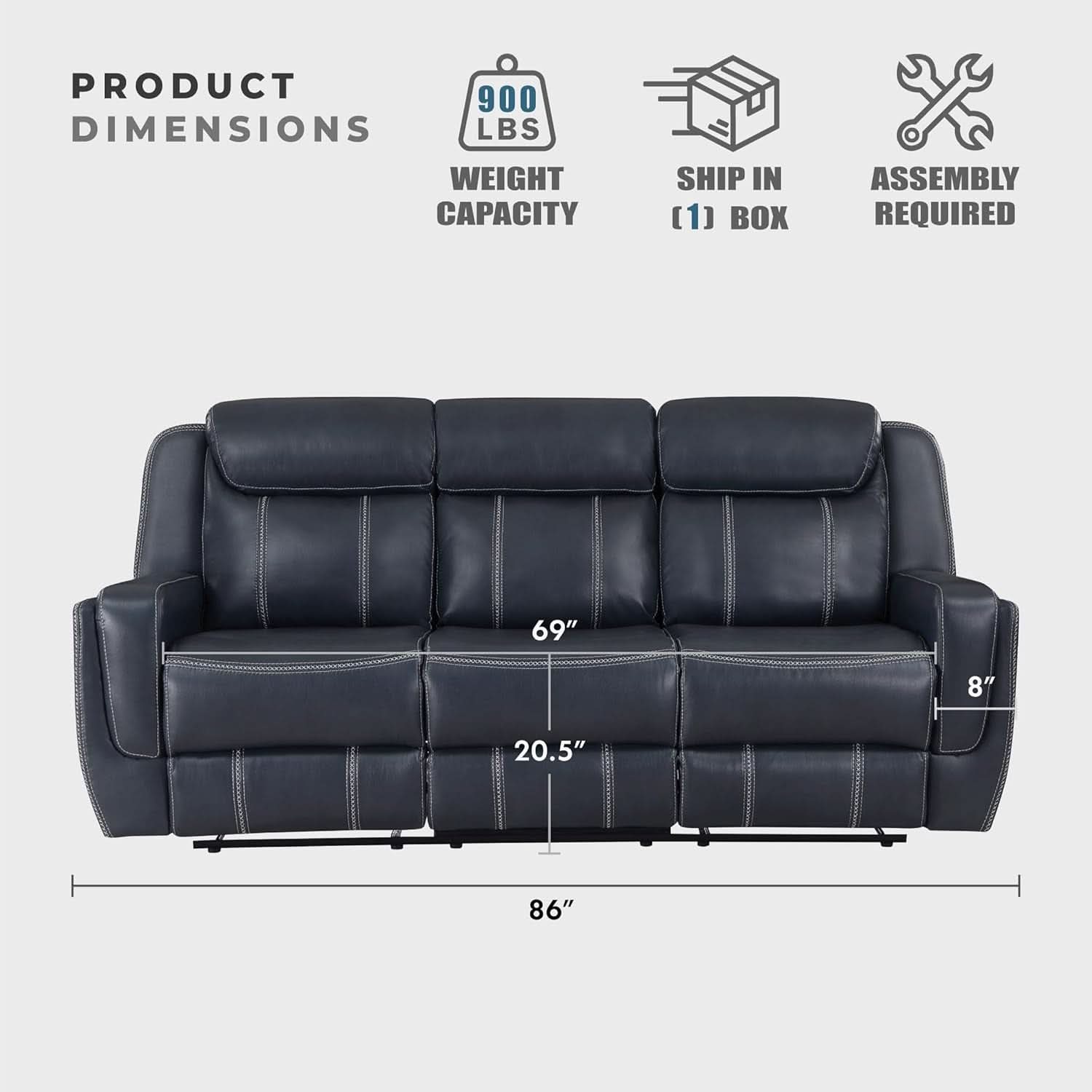 Blue Manual Faux Leather Recliner Living Room Set 2 Piece