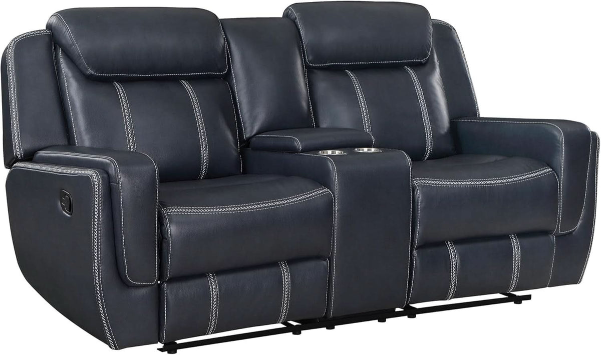 Blue Manual Faux Leather Recliner Living Room Set 2 Piece