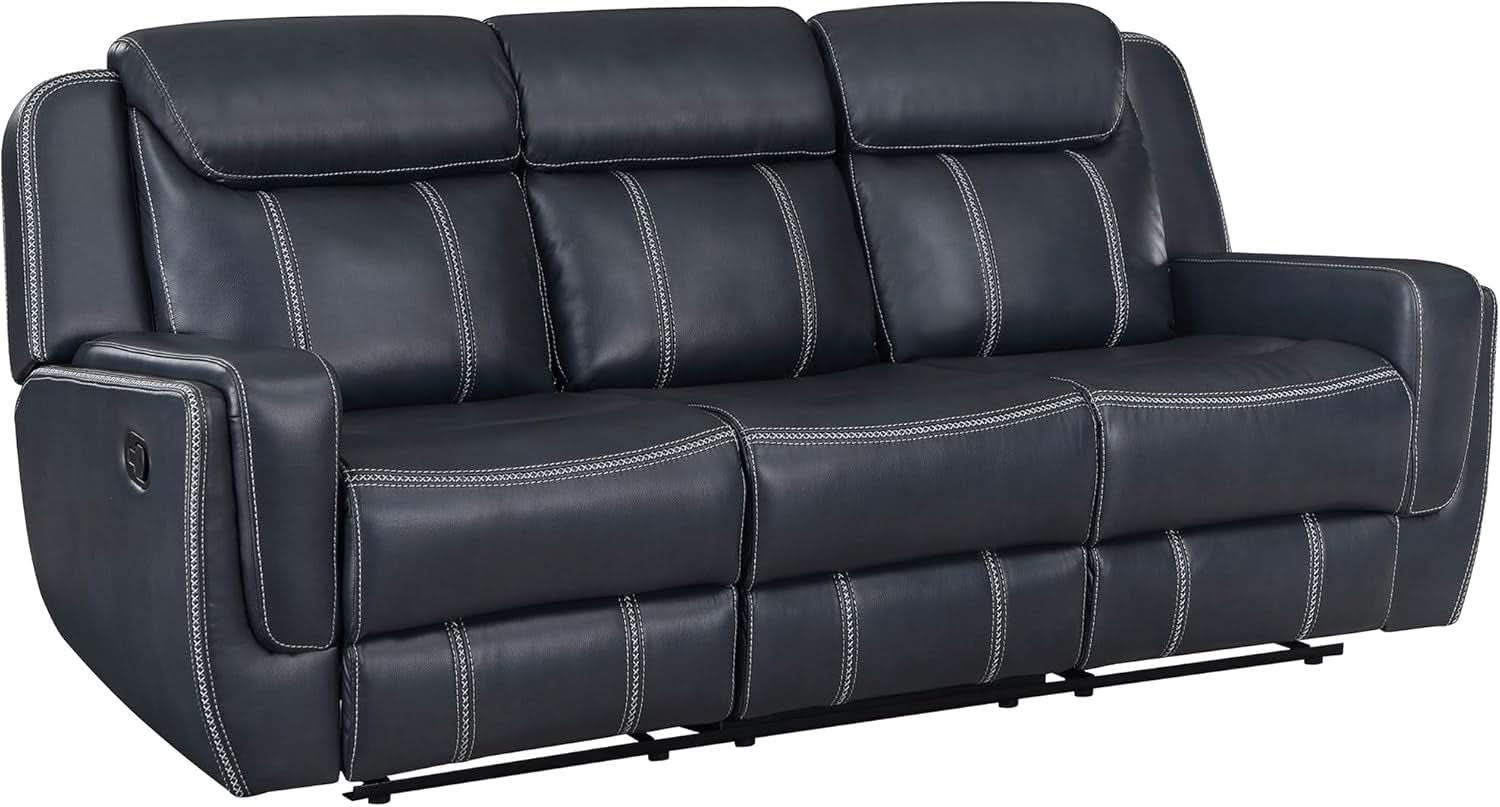 Blue Manual Faux Leather Recliner Living Room Set 2 Piece