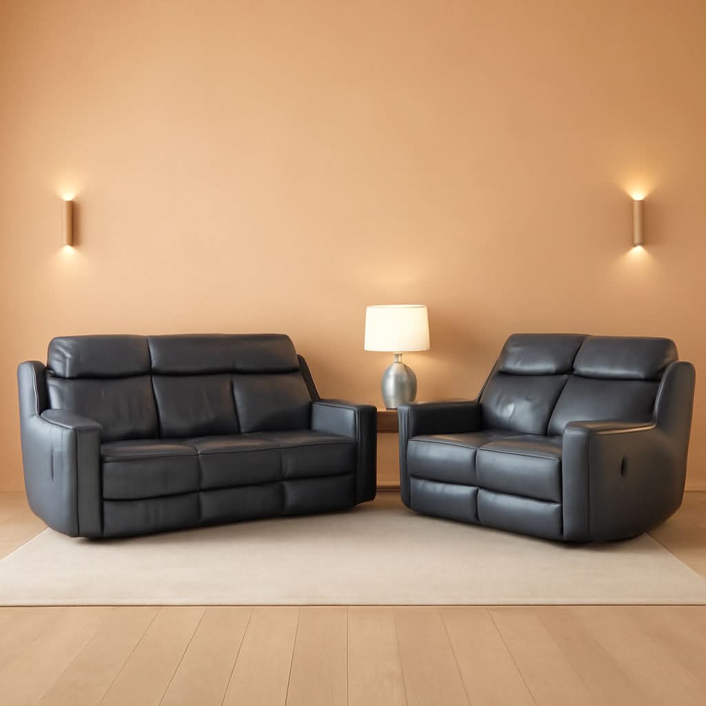 Blue Manual Faux Leather Recliner Living Room Set 2 Piece