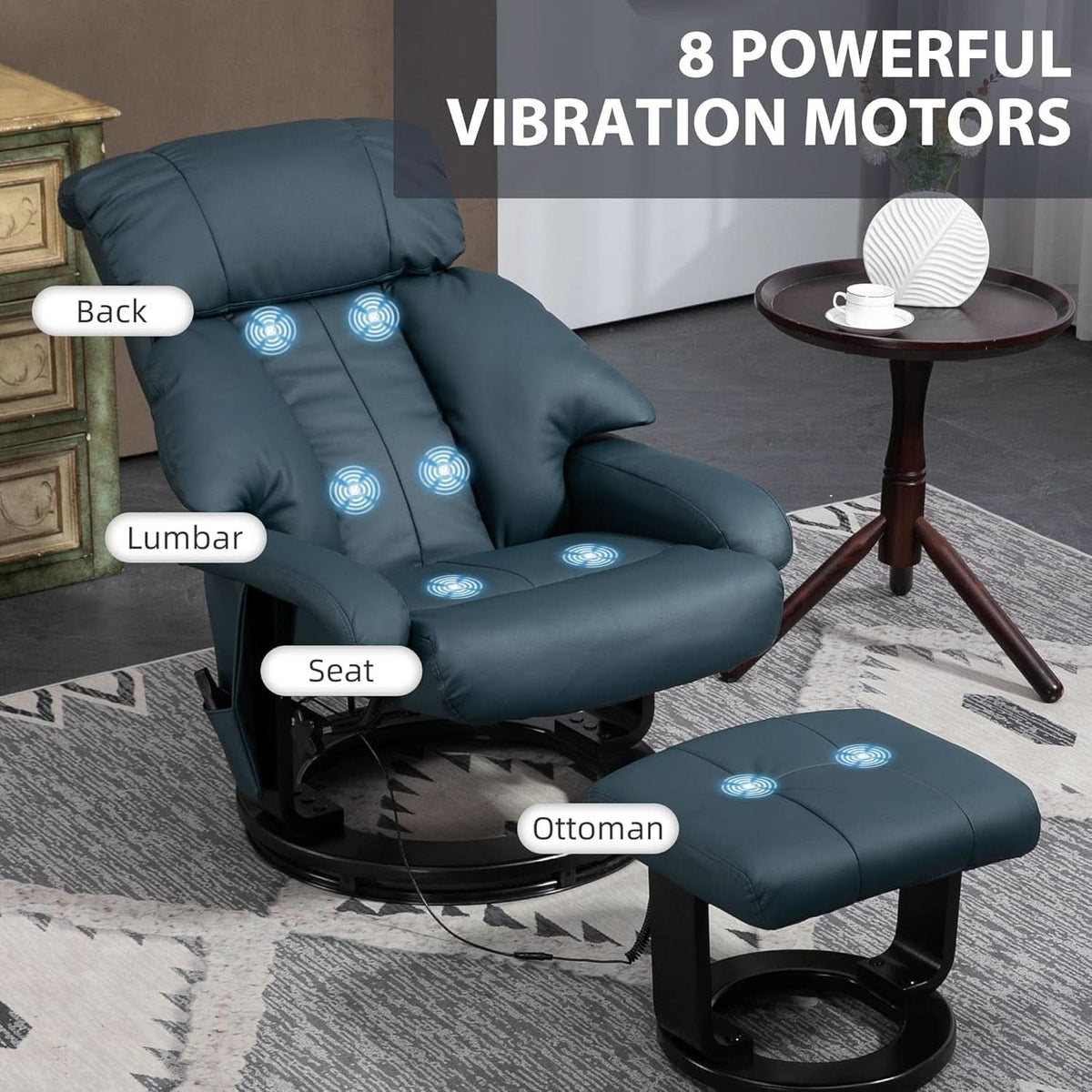 Blue Massage Recliner Chair With 360 Swivel Ottoman