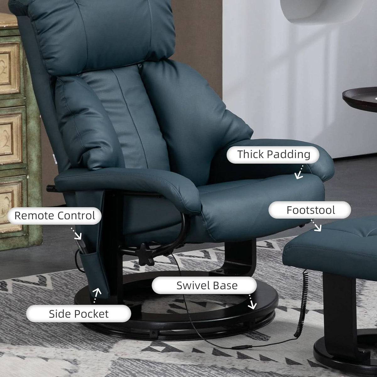 Blue Massage Recliner Chair With 360 Swivel Ottoman