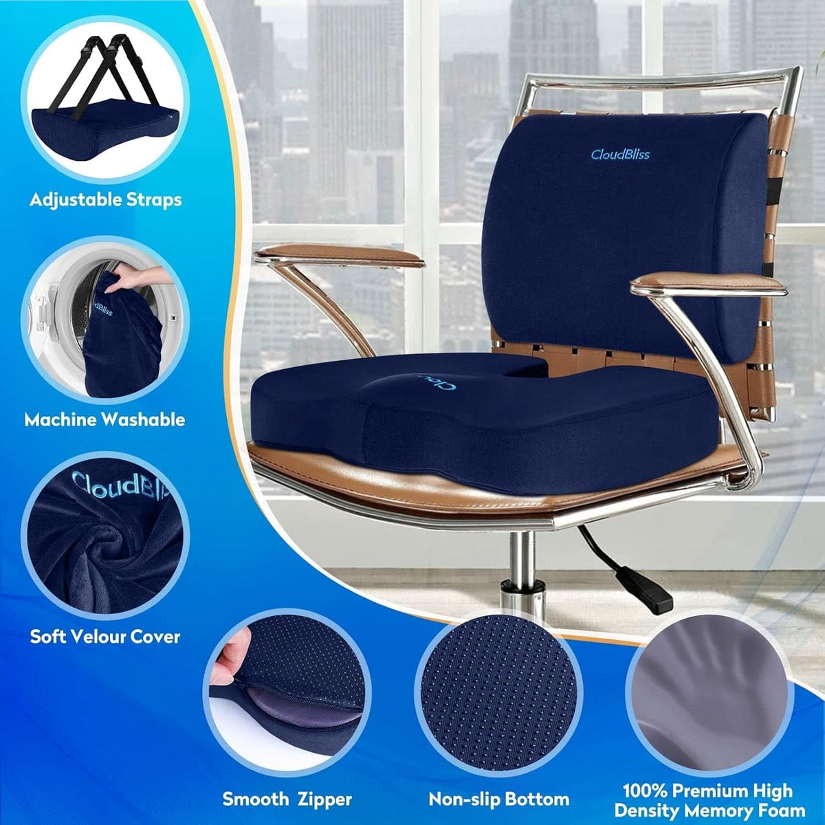 Blue Memory Foam Seat Cushion For Office Chair Lumbar