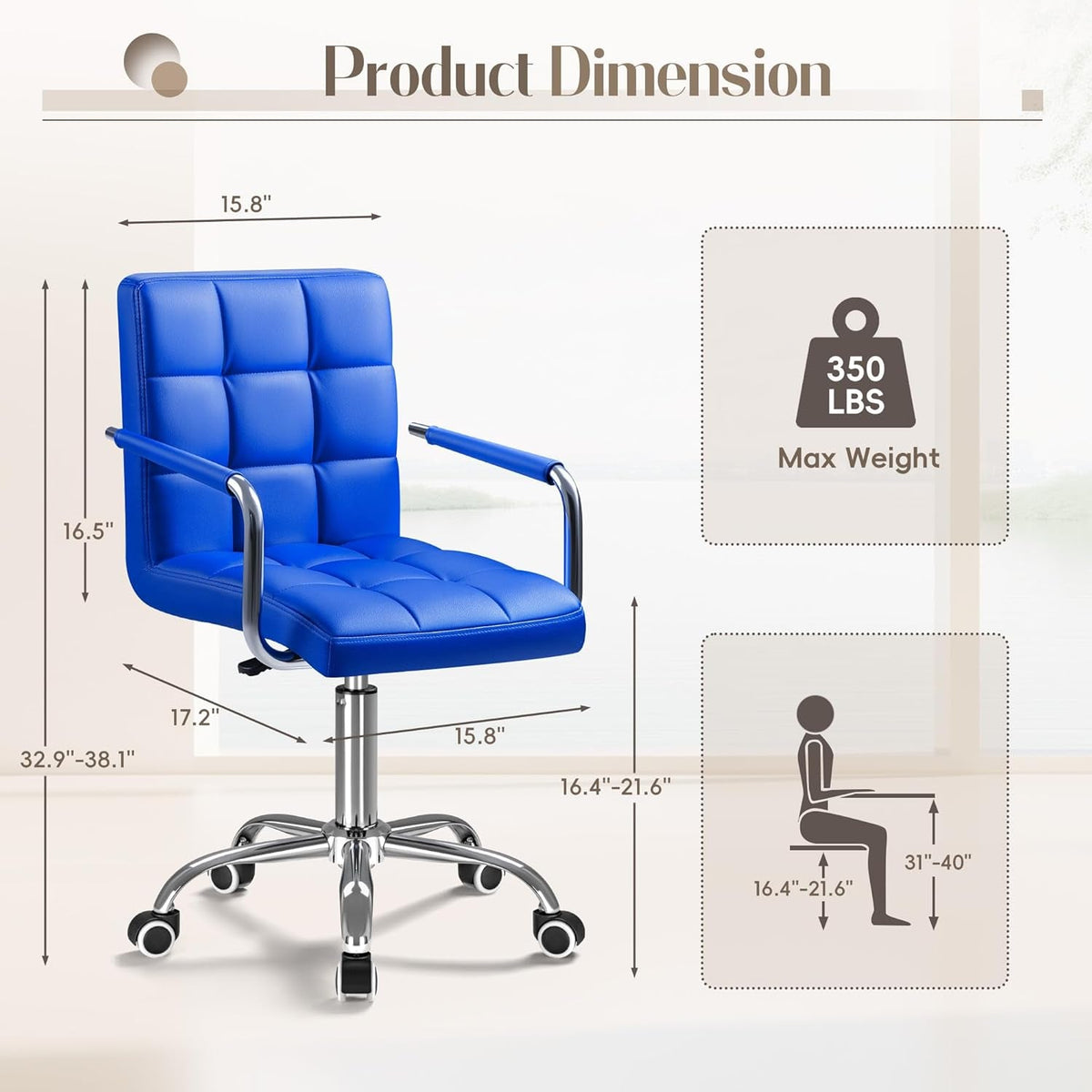 Blue Mid Back Office Chair With 360 Degree Swivel Desk