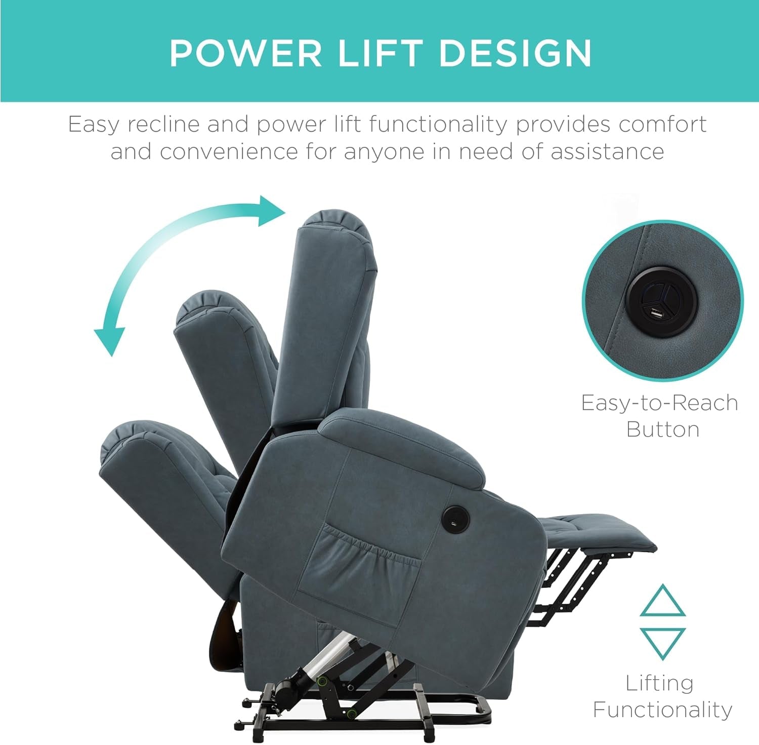 Blue PU Leather Electric Power Lift Recliner Massage Chair With USB