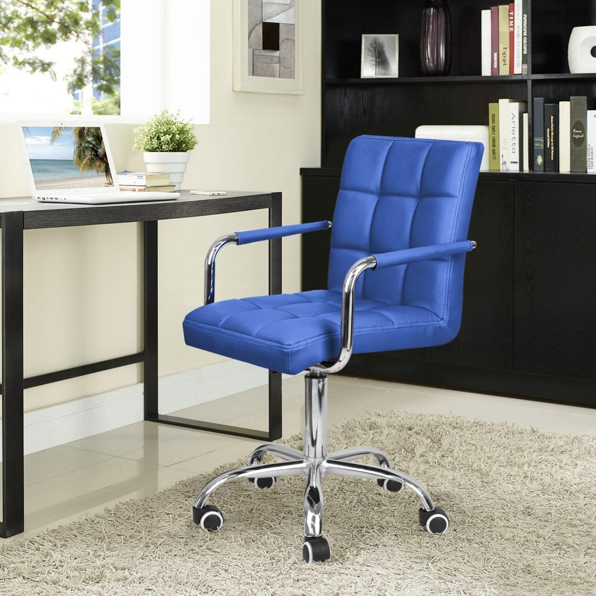 Blue PU Leather Mid Back Office Chair With Wheels Modern