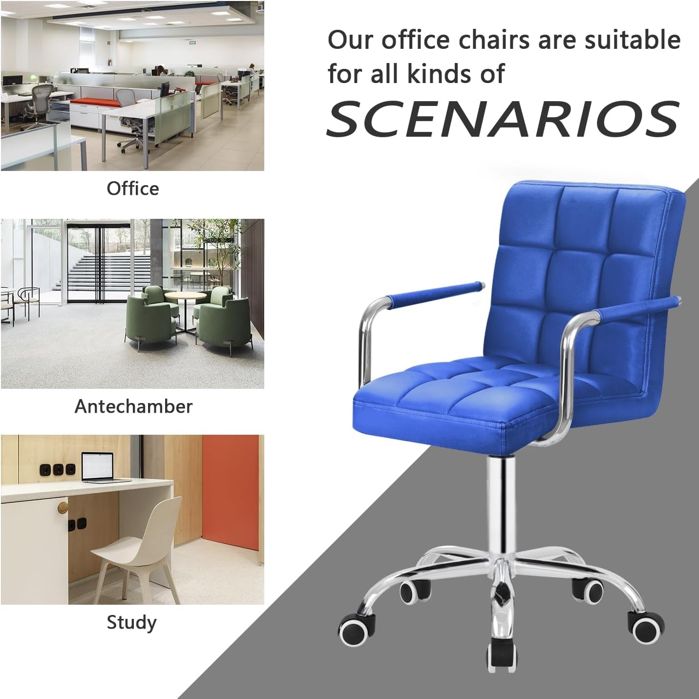 Blue PU Leather Mid Back Office Chair With Wheels Modern