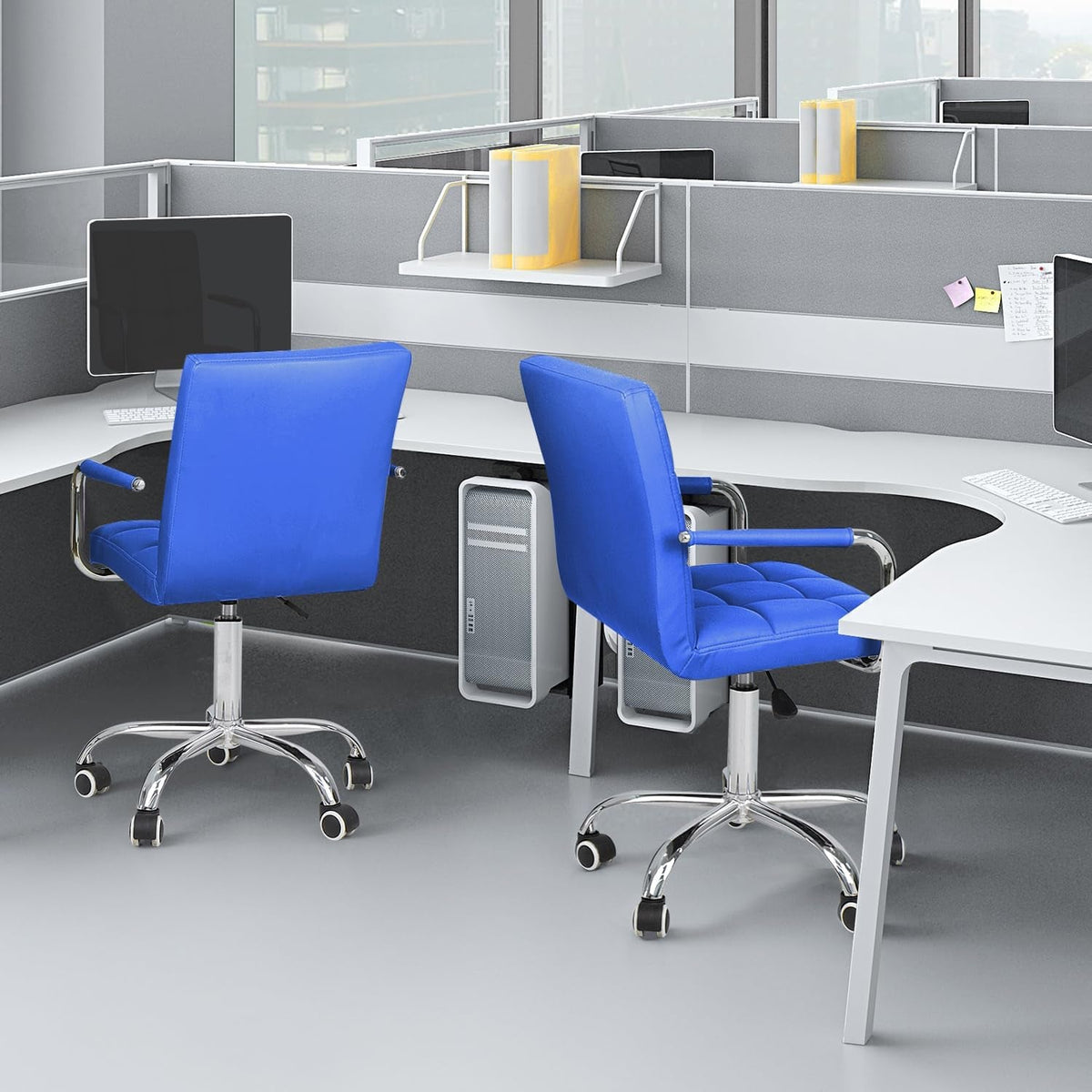 Blue PU Leather Mid Back Office Chair With Wheels Modern